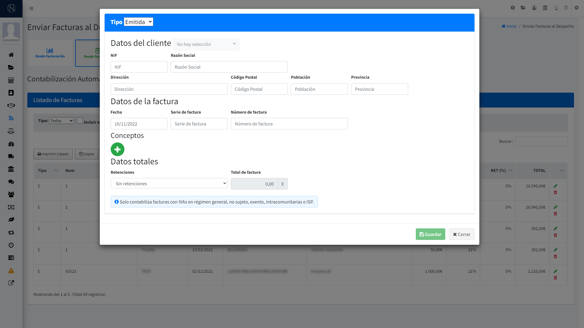 Pantalla - Enviar a contabilizar desde formulario