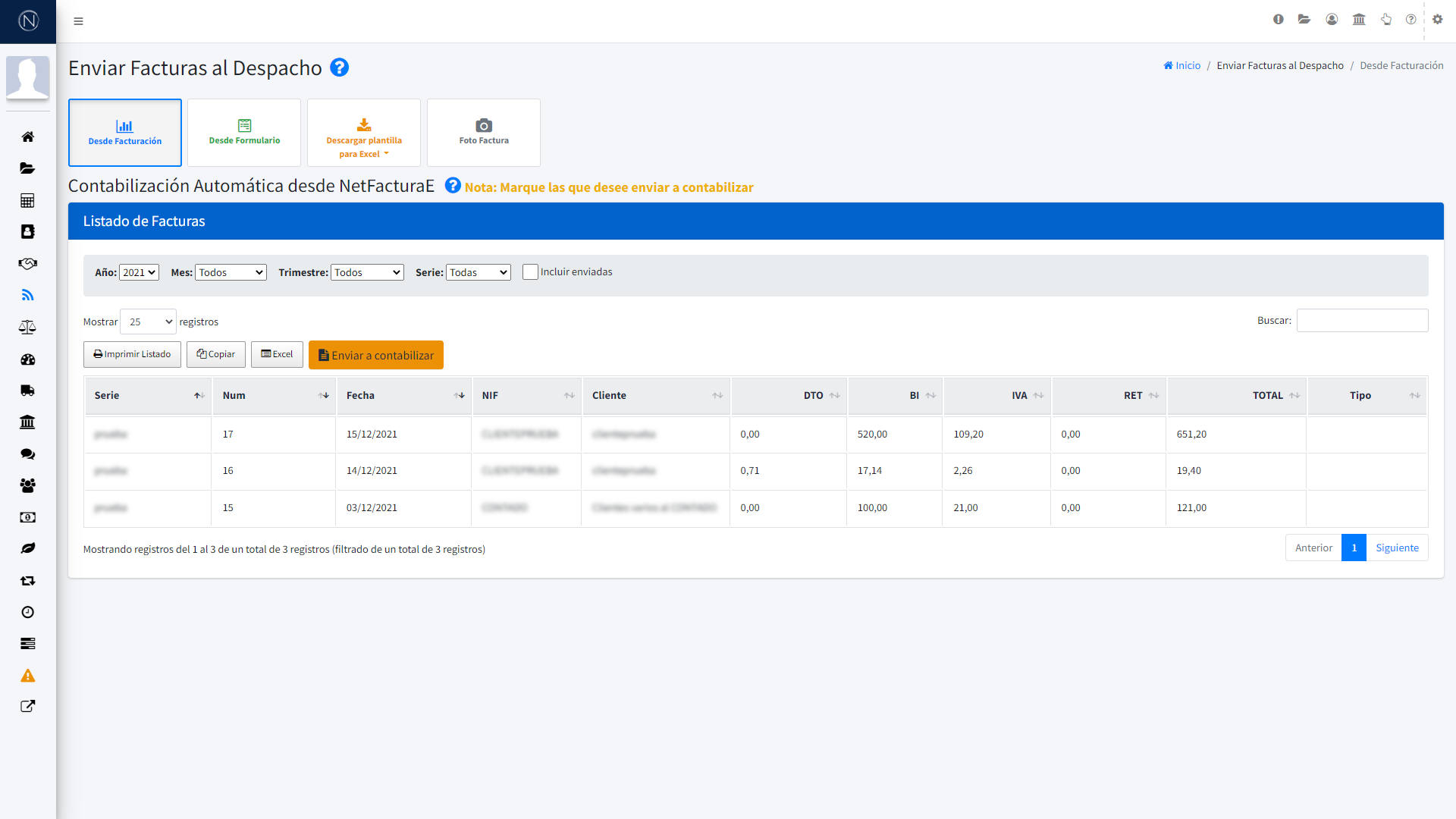 Pantalla - Enviar a contabilizar desde NetFacturaE