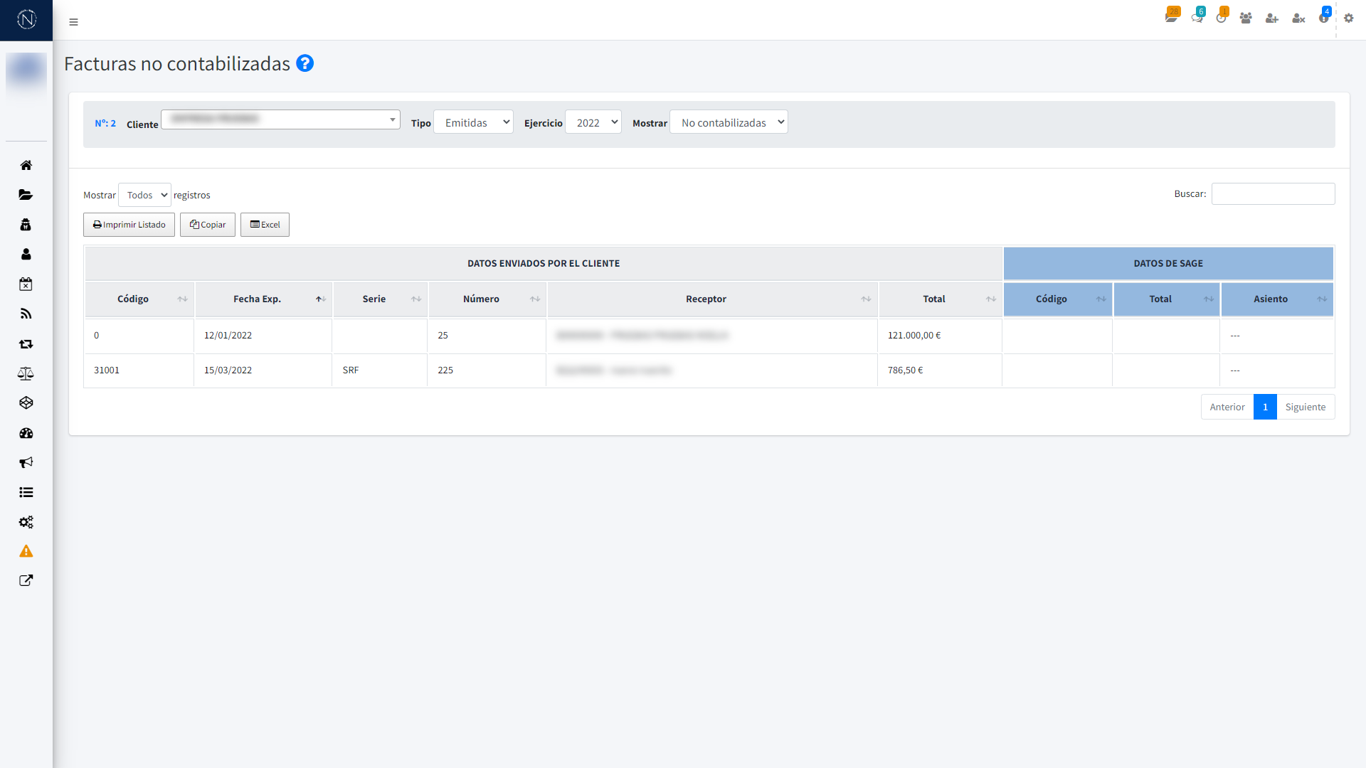 Pantalla - Facturas no contabilizadas