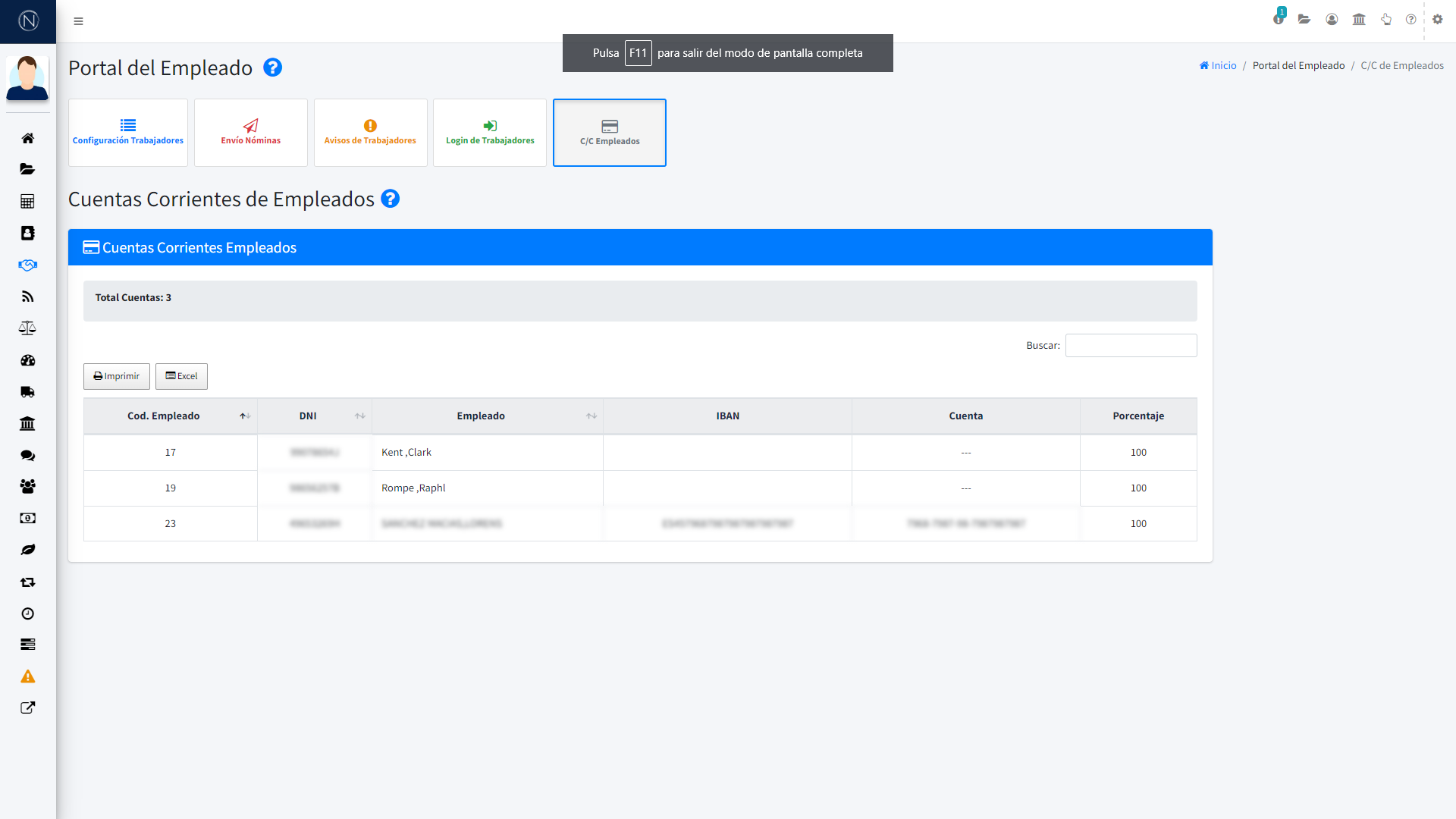 Pantalla - Cuentas corrientes de empleados