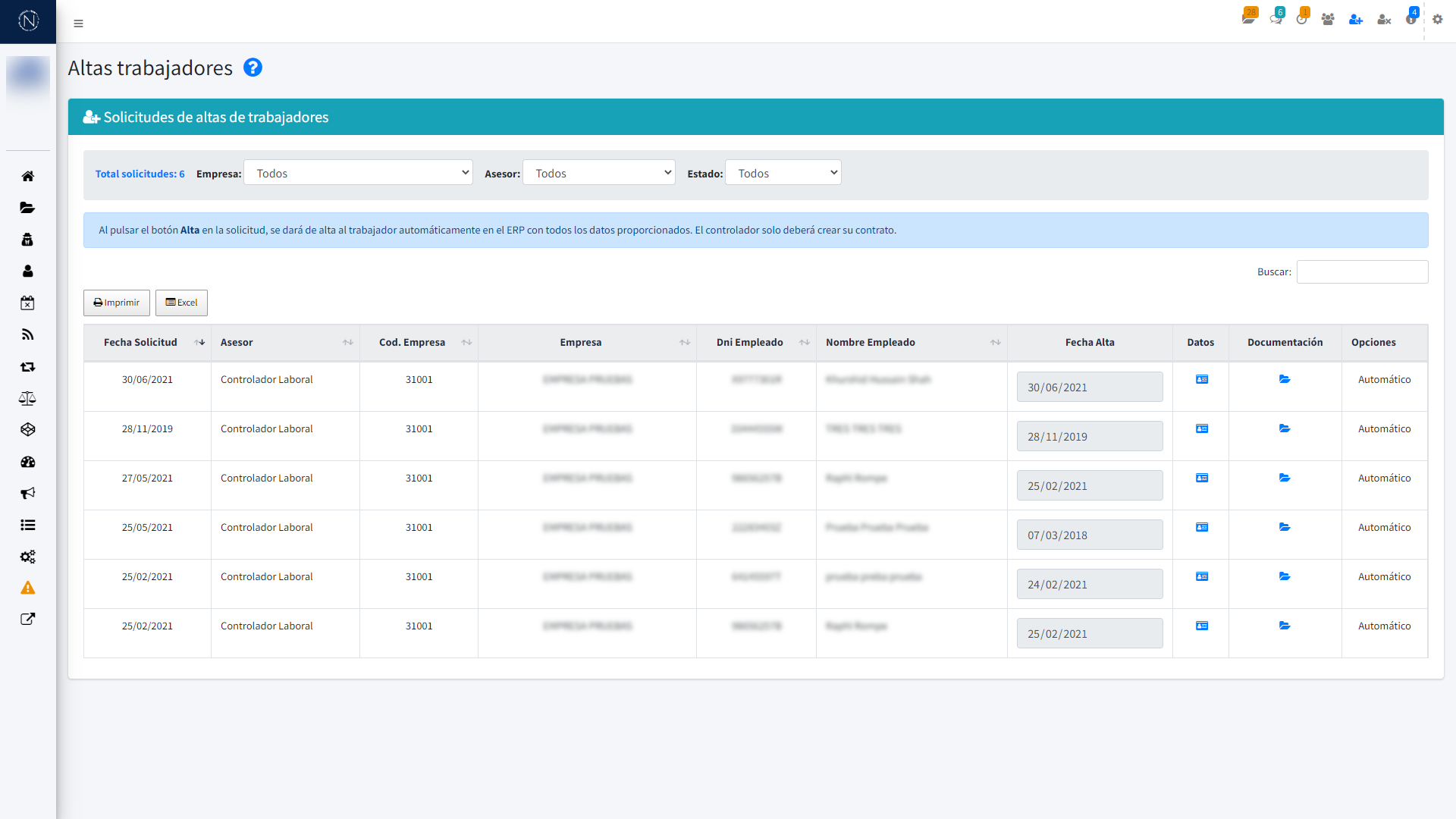 Pantalla - Altas de trabajadores