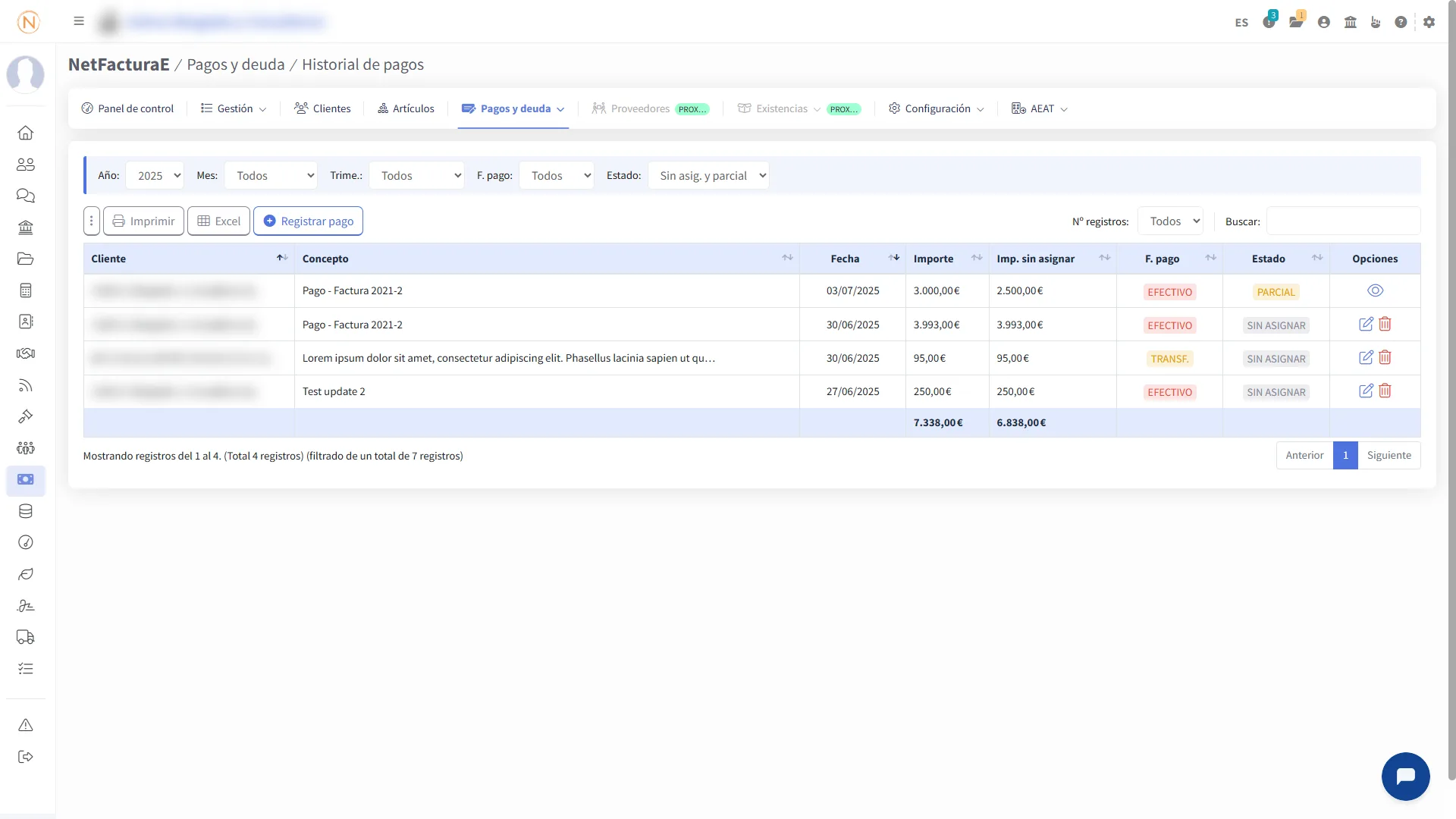 Pantalla - Historial de pagos